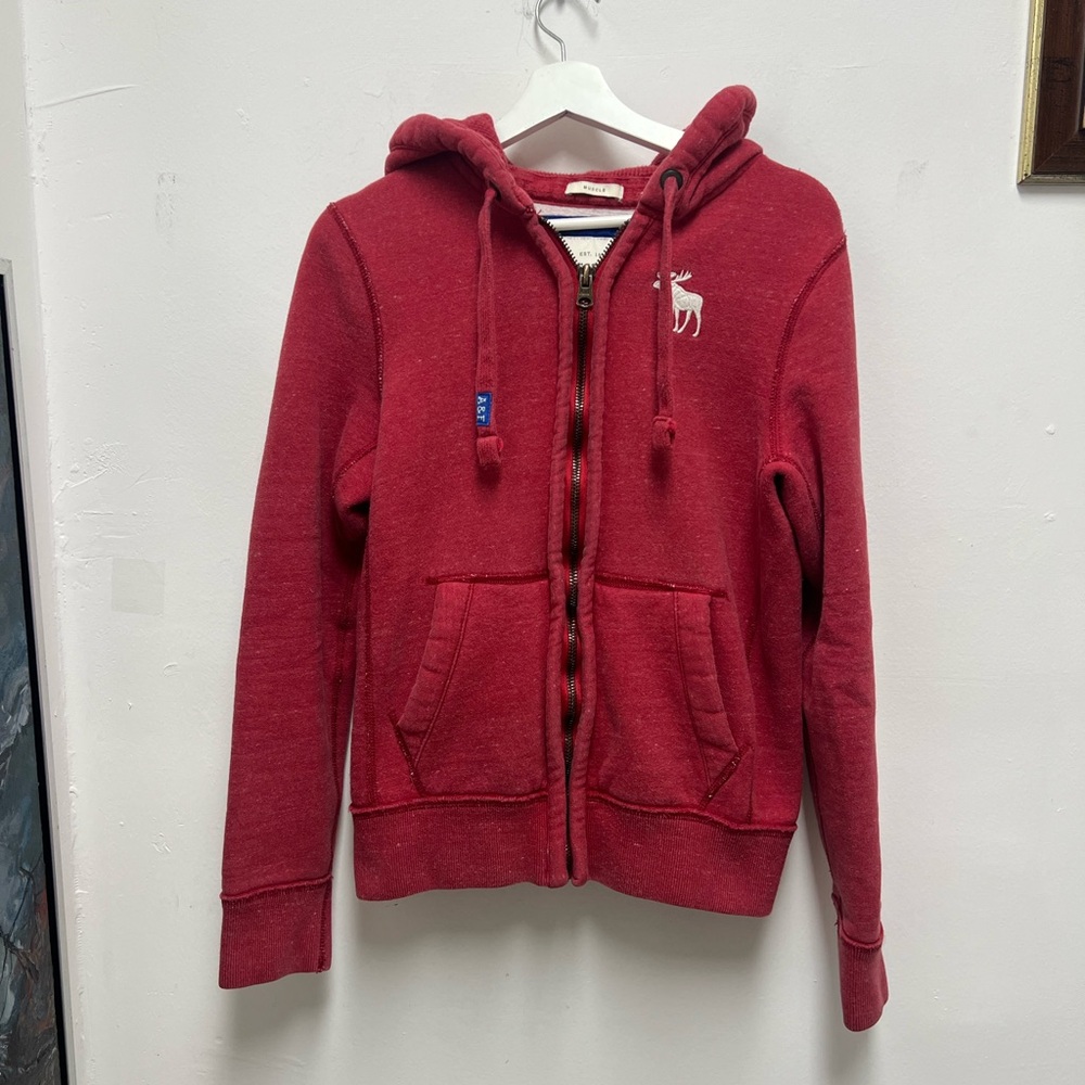 Vintage Abercrombie & Fitch Red Hooded Zip Jacket with White Moose Logo